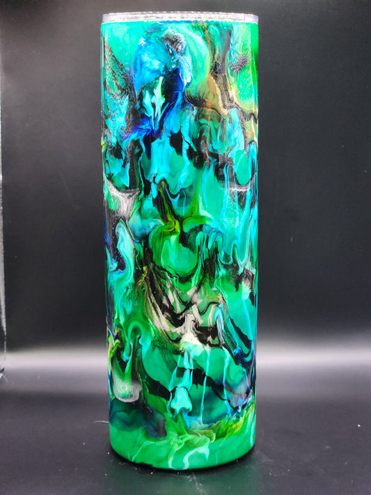Blue, green, black, and white marble 20oz skinny epoxy tumbler